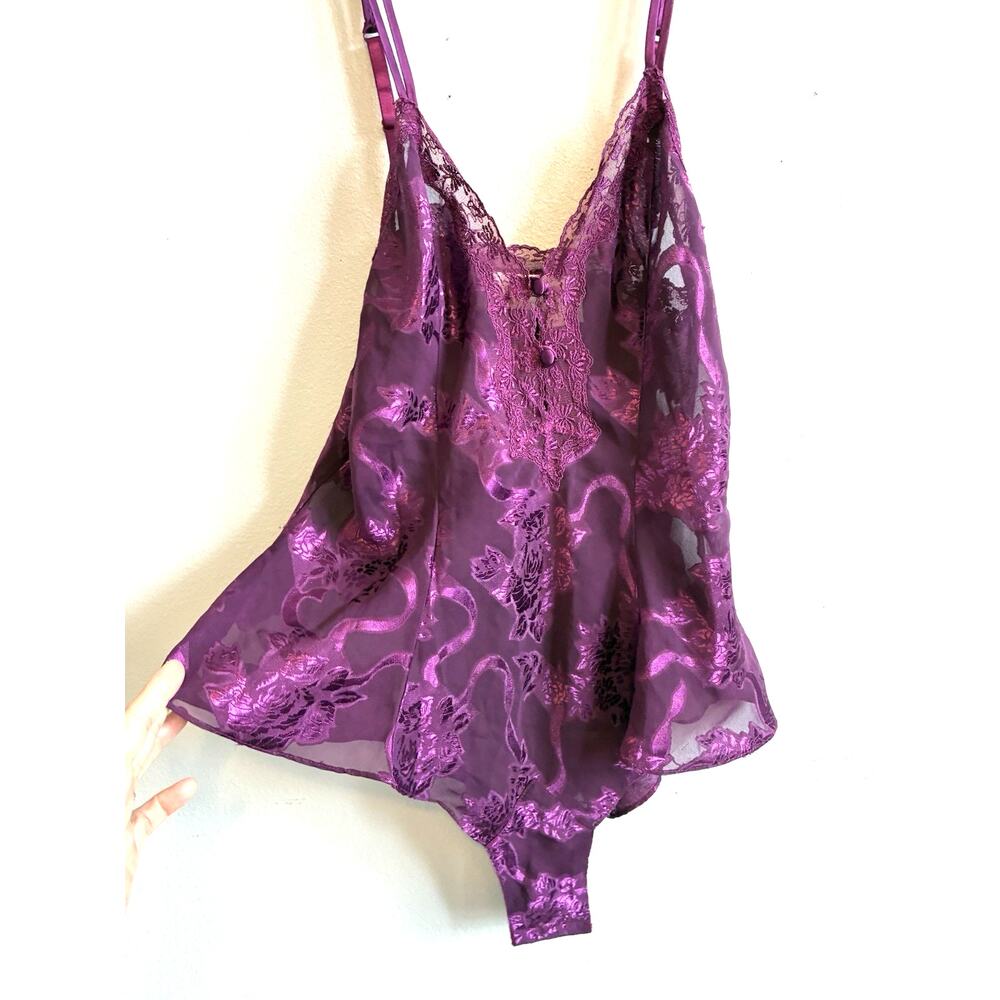 VTG Victoria’s Secret Gold Label Purple Sheer Floral Burnout Teddy Bodysuit S - Picture 2 of 16